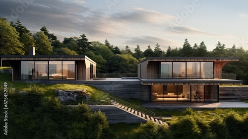 Modern architectural villa in the mountains surrounded by nature, cedar cladding, two floors, minimal. © Savinus