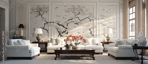Large living room, in neoclassical style with Asian influences, design and luxury. Pale white, creams and pastels. photo
