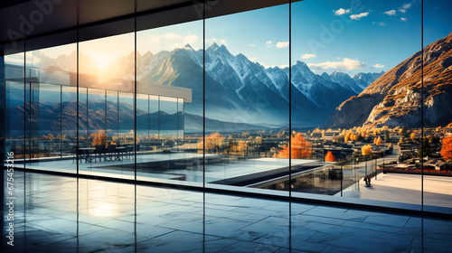 Stunning contrast between modern glass structures and rugged mountains, symbolizing architectural coexistence photo