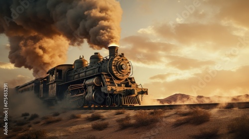Against the background of desert dunes, a rusty coal freight train drives through the desert with steam pouring from the engine. photo