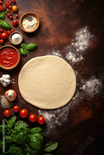 empty rolled out pizza dough with pizza mozzarella ingredients (cheese, tomato, basil) minimalistic brown background, with empty copy space, top view