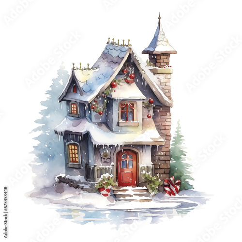 Christmas houses. Watercolor, PNG. Christmas House Clipart, Watercolor Christmas Village AI Generated.