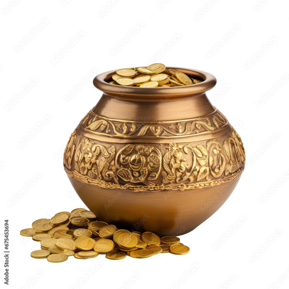 indian traditional clay pot filled with gold coins isolated on ...