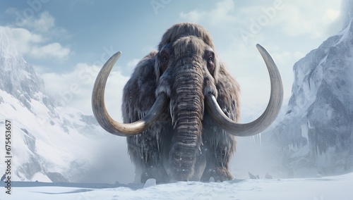 A mammoth with massive tusks stands amidst a snowy landscape with mountains in the background  reminiscent of a distant prehistoric past.