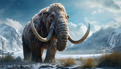 A mammoth with massive tusks stands amidst a snowy landscape with mountains in the background, reminiscent of a distant prehistoric past.