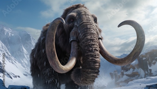 A mammoth with massive tusks stands amidst a snowy landscape with mountains in the background, reminiscent of a distant prehistoric past.