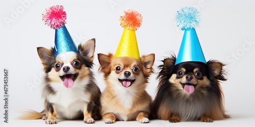 Three Chihuahuas in sparkling festive hats happily posing against a white background. © volga