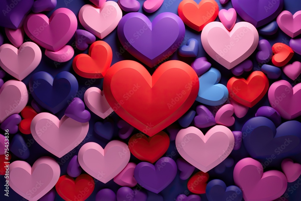 A collection of overlapping hearts in various sizes and shades of red, purple, and pink against a dark background.