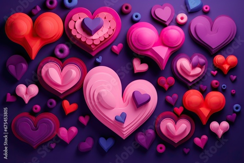 A vibrant arrangement of various shades of pink and red 3D hearts on a purple background.