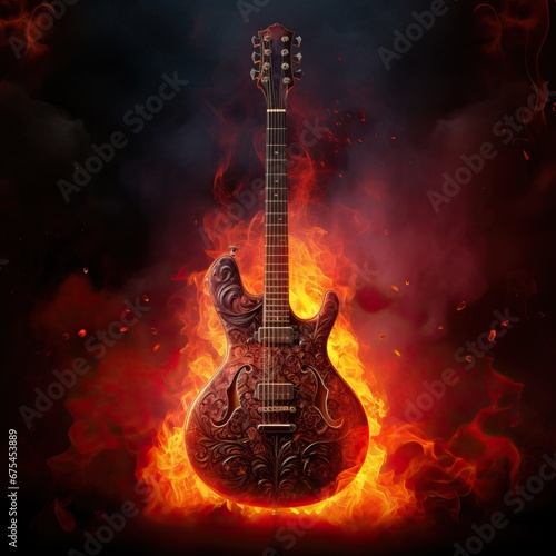 Professional Close-up Photo of a Guitar in Flames Emanating Smoke in a Simple Black Room.