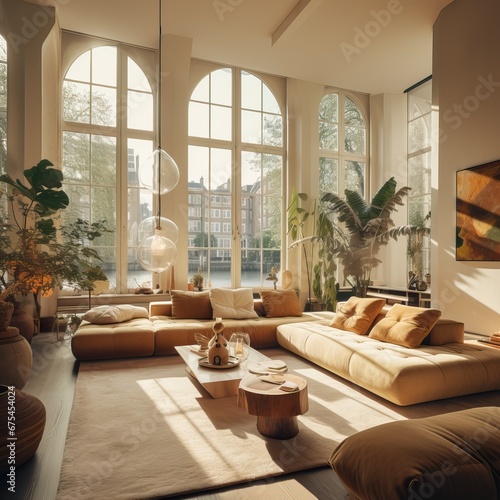 Photo of a Luxurious and Contemporary Living Room with Massive WIndows giving as a view the Landscape of the City. Expensive House full of Modern and Futuristic Decorations. Palatial Design.