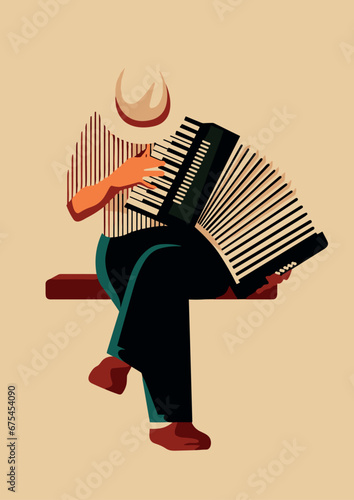 Man playing accordion on a bench. Vector illustration. Beige background