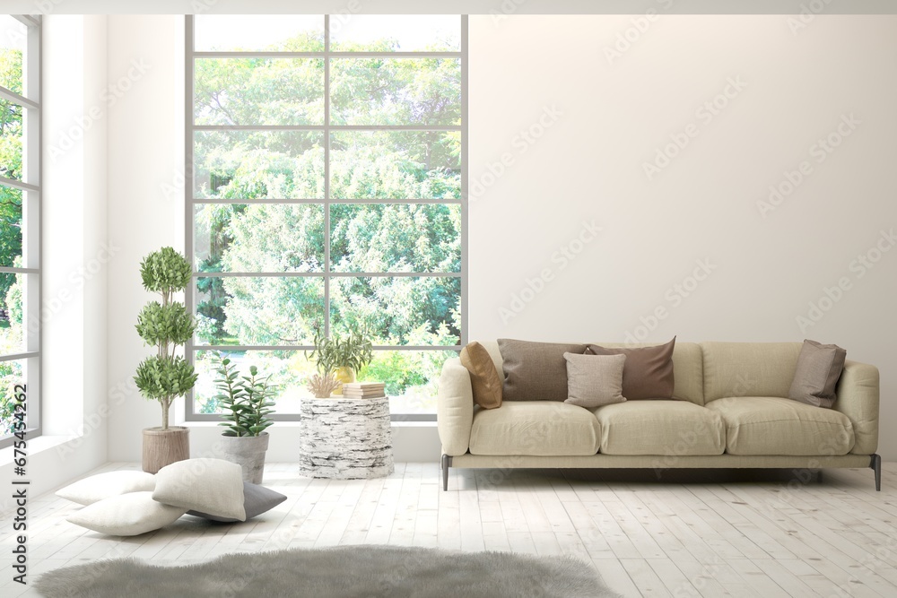 White living room with sofa and summer landscape in window. Scandinavian interior design. 3D illustration White living room with sofa and summer landscape in window. Scandinavian interior design. 3D illustration