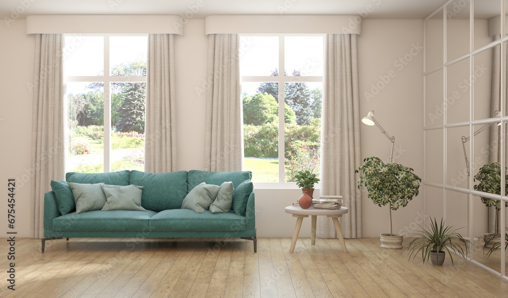 Contemporary classic white interior with furniture and decor and summer landscape in window. Scandinavian interior design. 3D illustration Contemporary classic white interior with furniture and decor and summer landscape in window. Scandinavian interior design. 3D illustration