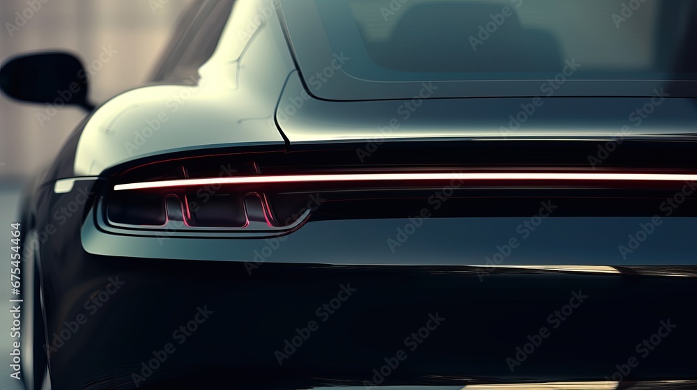 Professional Photo of a Black Futuristic Car Parked in a Dark Parking Lot. Close up of the back of a Luxurious and Expensive Sport Car. Glowing Red Lights of the Car.