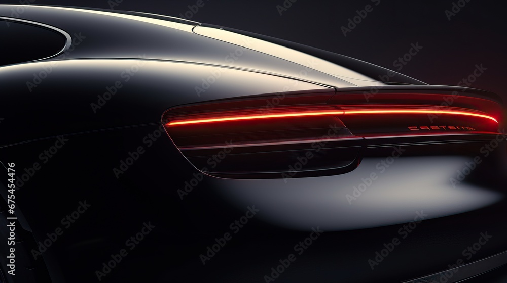 Professional Photo of a Black Futuristic Car Parked in a Dark Parking Lot. Close up of the back of a Luxurious and Expensive Sport Car. Glowing Red Lights of the Car.