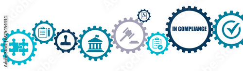 In compliance banner vector illustration with the icons of inspecting, management, law, quality, legal, regulation, policy, guidelines, standard, governance on white background