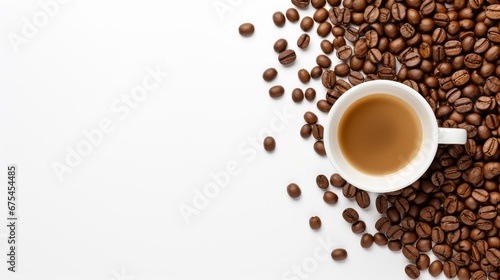 Top view of a cup containing coffee and coffee beans beside it with a white background