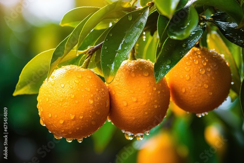 A Professional Macro of a Branch of a Lemon  tree from a Orchard Grove. Close Up of Ripe Juicy Lemons With Waterdrops on them.