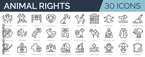 Set of 30 outline icons related to animal rights. Linear icon collection. Editable stroke. Vector illustration