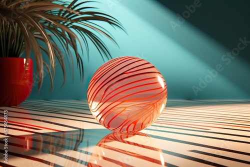 A Photo of a Beach Plastic Ball. A Simple Transparent Ball With Orange Strikes Placed in a Empty Spacious and Illuminated Room With a Plant and Blue Wall. photo