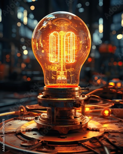 Professional Macro of a Burning Light Bulb on the Ground in the Middle of the Street in an Abbandoned and Destroyed City at Night placed on Puddles.
