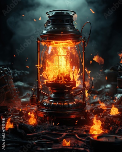 Professional Macro of a Burning Light Bulb on the Ground in the Middle of the Street in an Abbandoned and Destroyed Dark Room at Night placed on Puddles.
