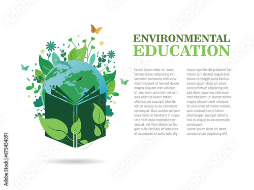 Environmental education, book with globe surrounded by plants and animals symbolizing that we must learn to take care of our environment.