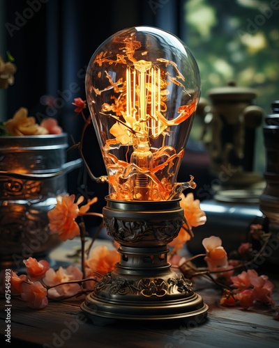 Professional Macro of a Hot Light Bulb on a Table Surrounded by Soft Pink Rose Petals Placed next to a Window with a Landscape of Nature.