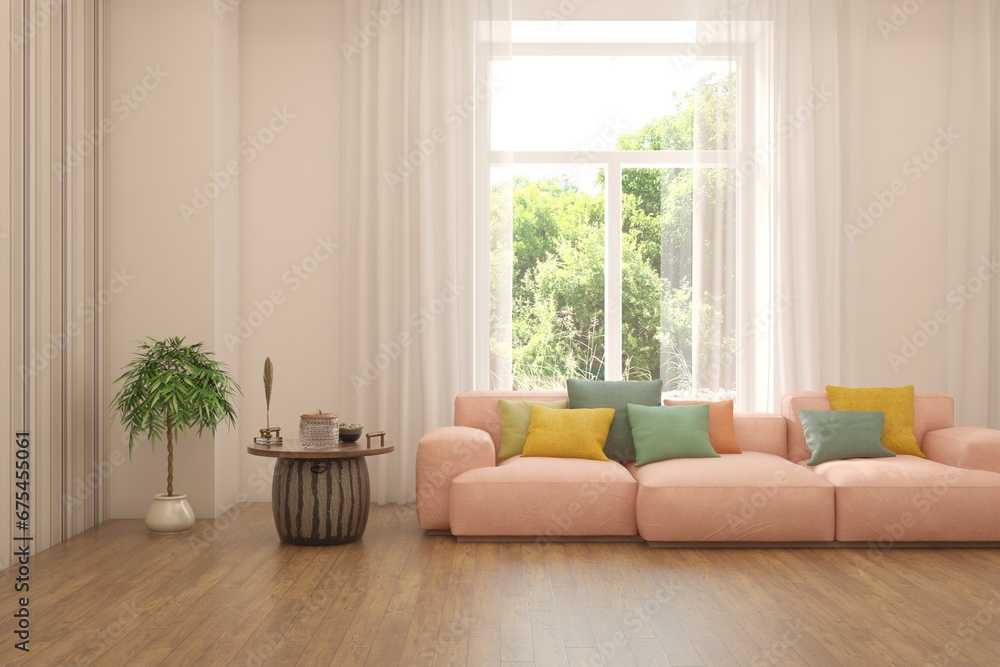 Fototapeta premium Modern interior concept with sofa and summer landscape in window. 3D illustration