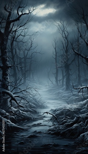 Photo of a Confusing Frozen River Path Covered by the Snow in the middle of the Forest during a Snowy and Windy Day.