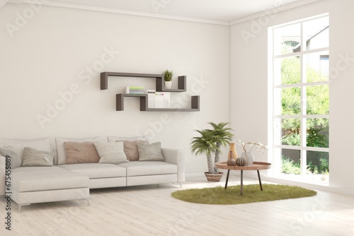 White living room with sofa and summer landscape in window. Scandinavian interior design. 3D illustration