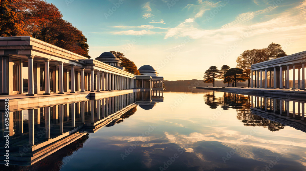 Tranquil reflections of classical pavilions on still waters, symbolizing architectural peace - obrazy, fototapety, plakaty 