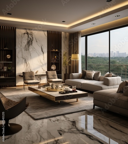 A Photo of a Luxurious Cleand and Breathtaking Apartment Overlooking the Far City in Late Evening. Modern Interior Design. photo