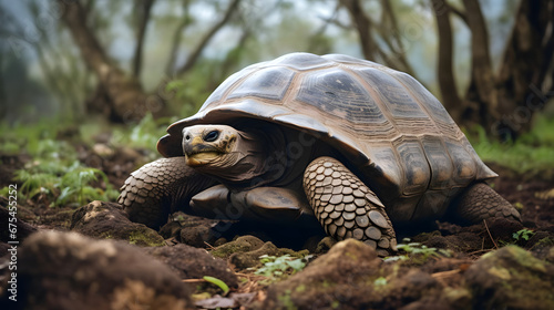 Aging Galapagos Tortoise on Island Soil, Generative AI