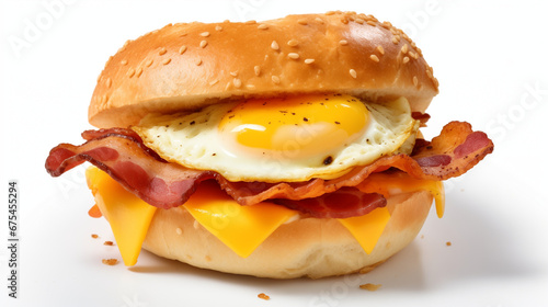 Bacon Egg and Cheese on a Sesame Roll on Isolated White Background