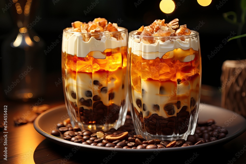 Two tall glasses of coffee flavored with pumpkin seeds Two tall glasses of coffee flavored with pumpkin seeds