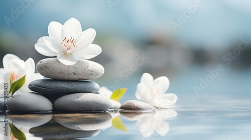 Professional Macro of Rocks with white Elegant Flowers Placed on Water touching their Reflecton uring a Sunny day. photo