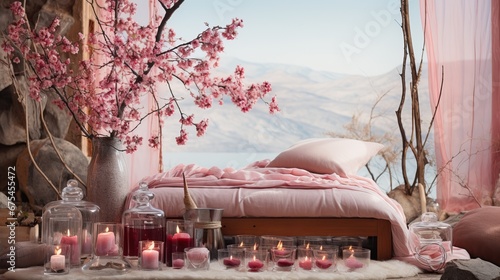 A Photo of a Comfy Soft Pink Themed Bedoom With a Bed Filled WIth Cushions, a Window with a Landscape & Lake & Mountains view and a Ridiculous amount of Pink Decorations over the Table. © Luca