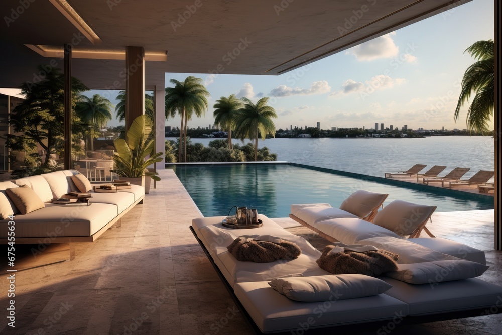 Fototapeta premium Professional Photo of a Luxurius and Modern Villa with a Huge Pool having a Landscape of the Territory. Picture of a Contemporary House during Sunset. Expensive House.