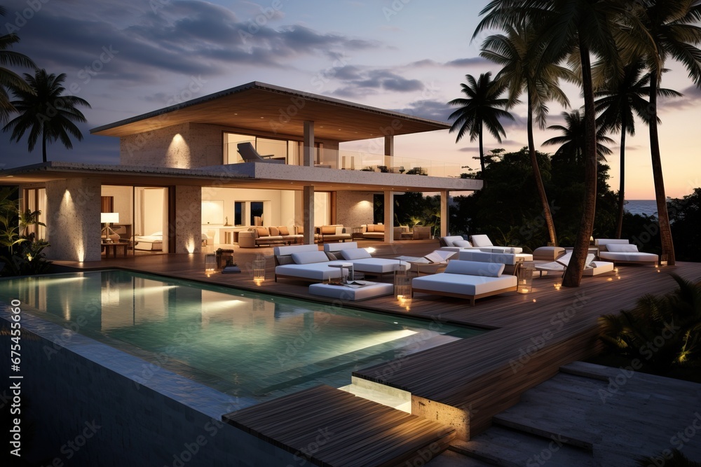 Fototapeta premium Professional Photo of a Luxurius and Modern Villa with a Huge Pool having a Landscape of the Territory. Picture of a Contemporary House during Sunset. Expensive House.