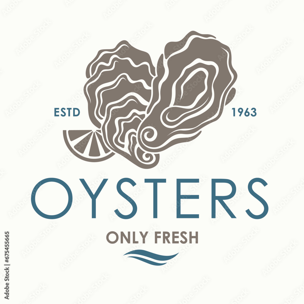 label of fresh oyster shell and lemon isolated on light background label of fresh oyster shell and lemon isolated on light background