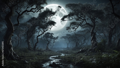 In a scary jungle at night, the full moon hangs low in the sky, casting an eerie, pale glow over the dense vegetation - AI Generative