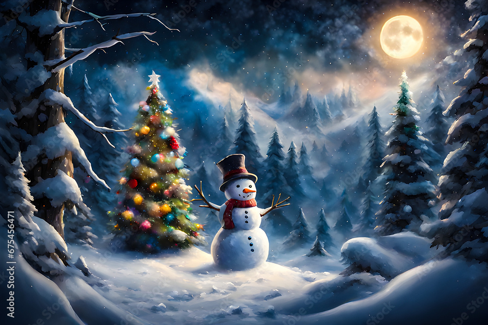 Obraz premium Christmas landscape, winter painting with a snowman in the forest.