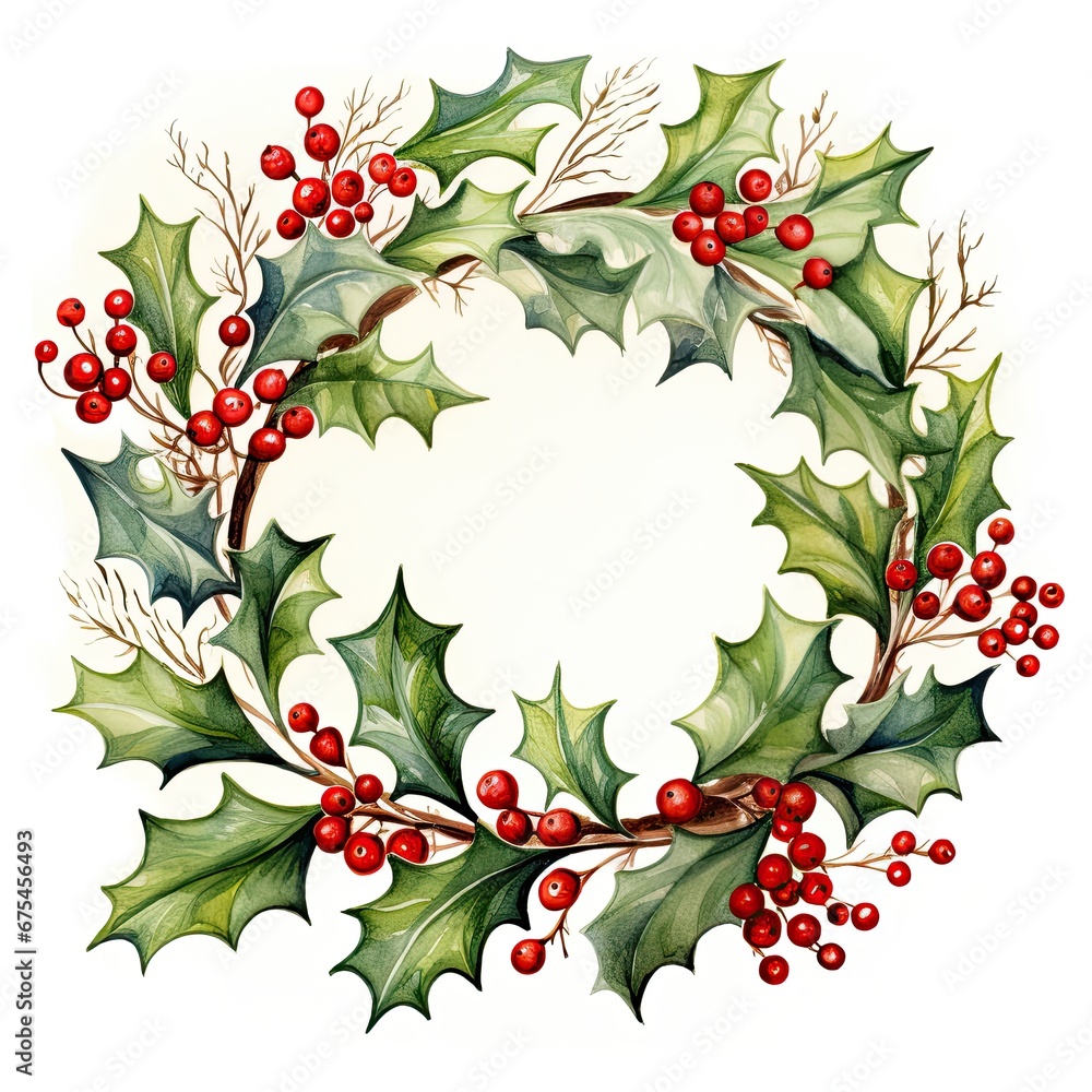 Festive Wreath with Vibrant Holly Leaves and Luscious Red Berries.Watercolour painting style.
