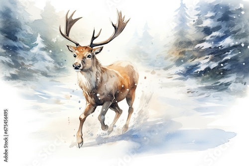 A watercolour painting of a reindeer running through the snow. Christmas themed landscape photo