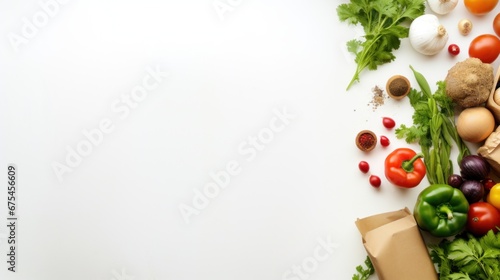 Fresh vegetables and fruits on white background with copy space, AI