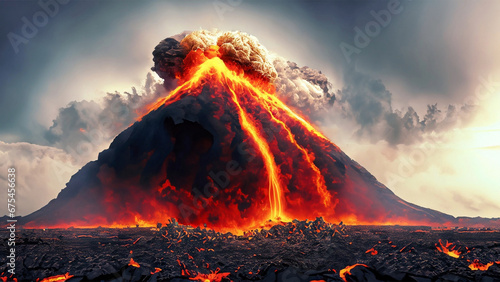 A volcanic eruption spewing lava and ash into the sky by Generative AI 