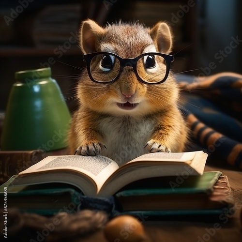 Funny animal chipmunk with glasses reading book.