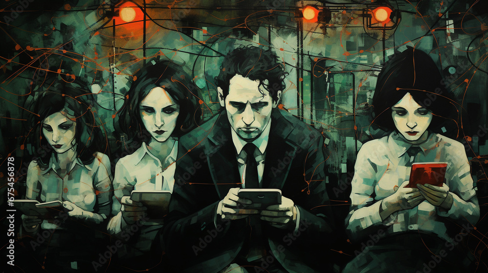Business people on the train, typing on their mobile phones, a pessimistic environment Business people on the train, typing on their mobile phones, a pessimistic environment